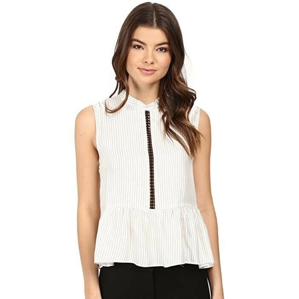 Nicole Miller Ivory Pinstripe Peplum Sleeveless Lattice Cut Out Top EUC Size XS